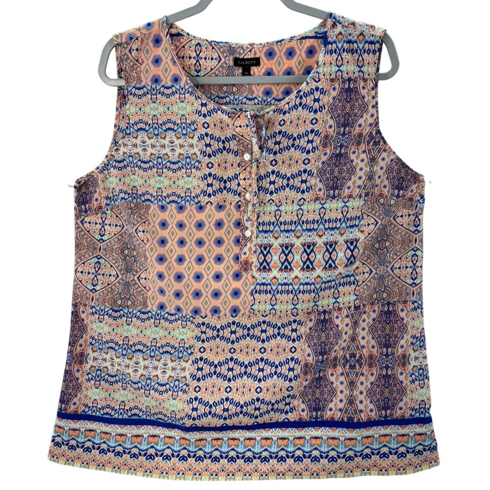 Talbots Sleeveless Blouse Womens XL Blue Orange Patchwork Geometric Tie Neck